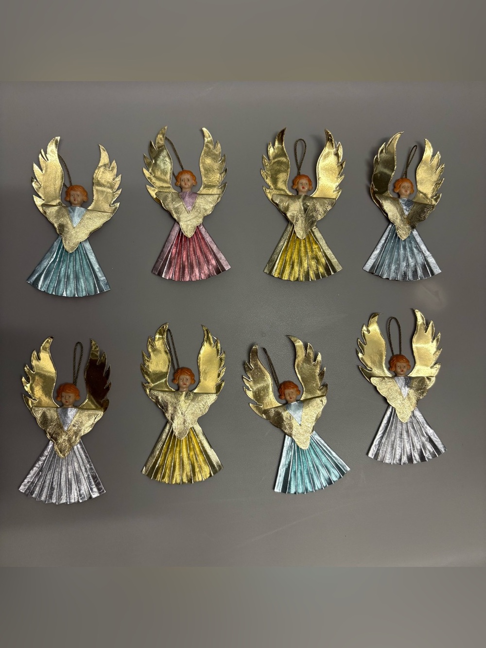 1950’s Vibtage Gilded Angel Foil Angel Hanging Ornament Set of 8